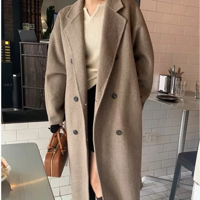 Joskaa winter fits men Fcy Maillard Camel Double-Sided Wool Coat Autumn and Winter Vintage Belt Bathrobe Korean Style Loose Wool Coat