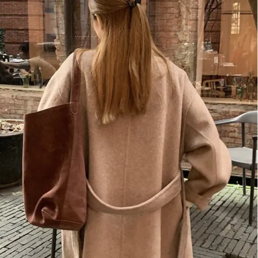 Joskaa winter fits men Fcy Maillard Camel Double-Sided Wool Coat Autumn and Winter Vintage Belt Bathrobe Korean Style Loose Wool Coat