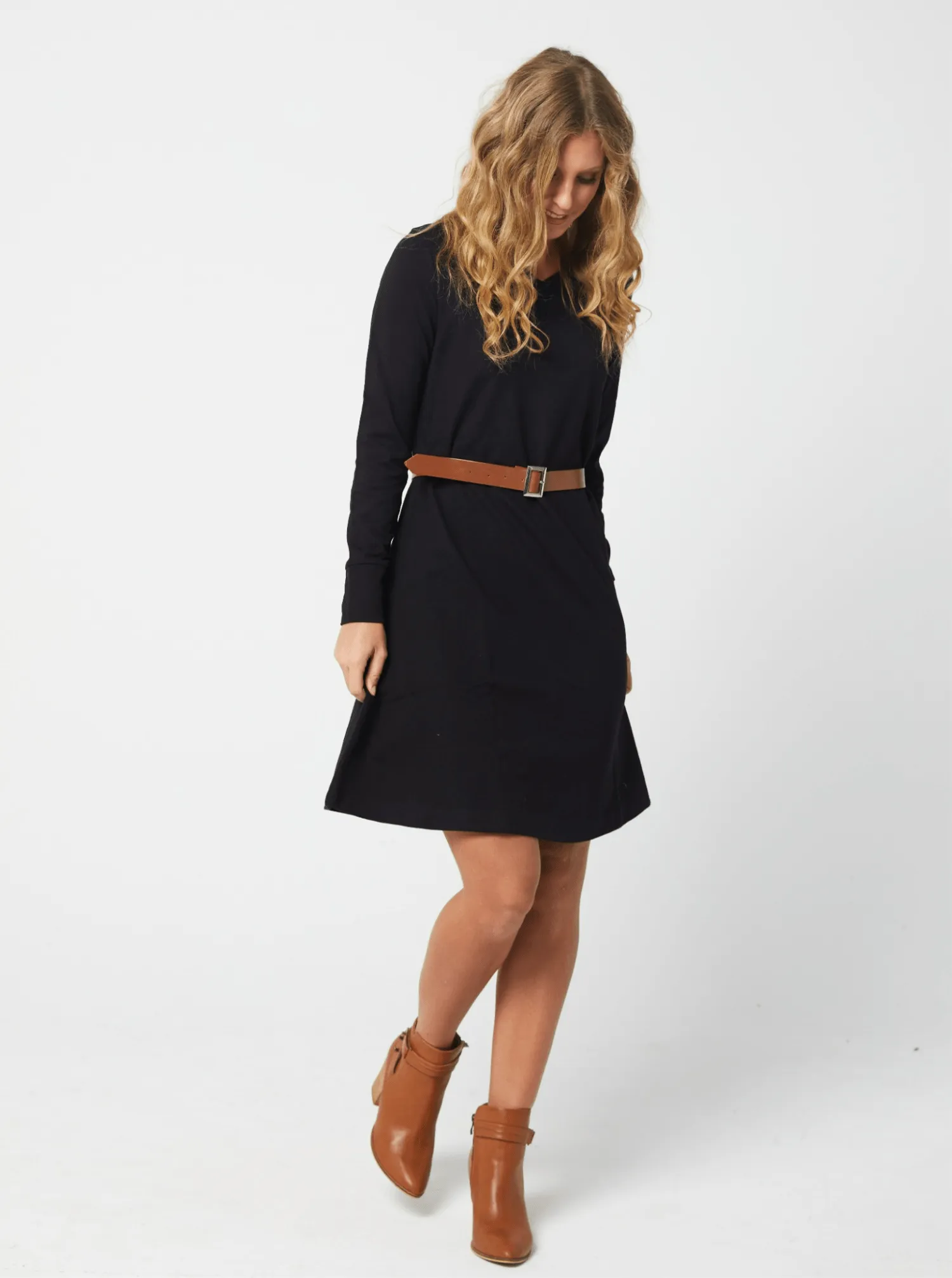 Knee Length Long Sleeved V-neck Black Dress - Laurissa Dress