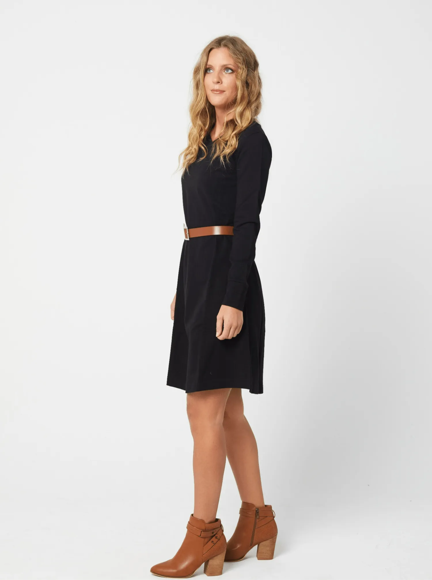 Knee Length Long Sleeved V-neck Black Dress - Laurissa Dress