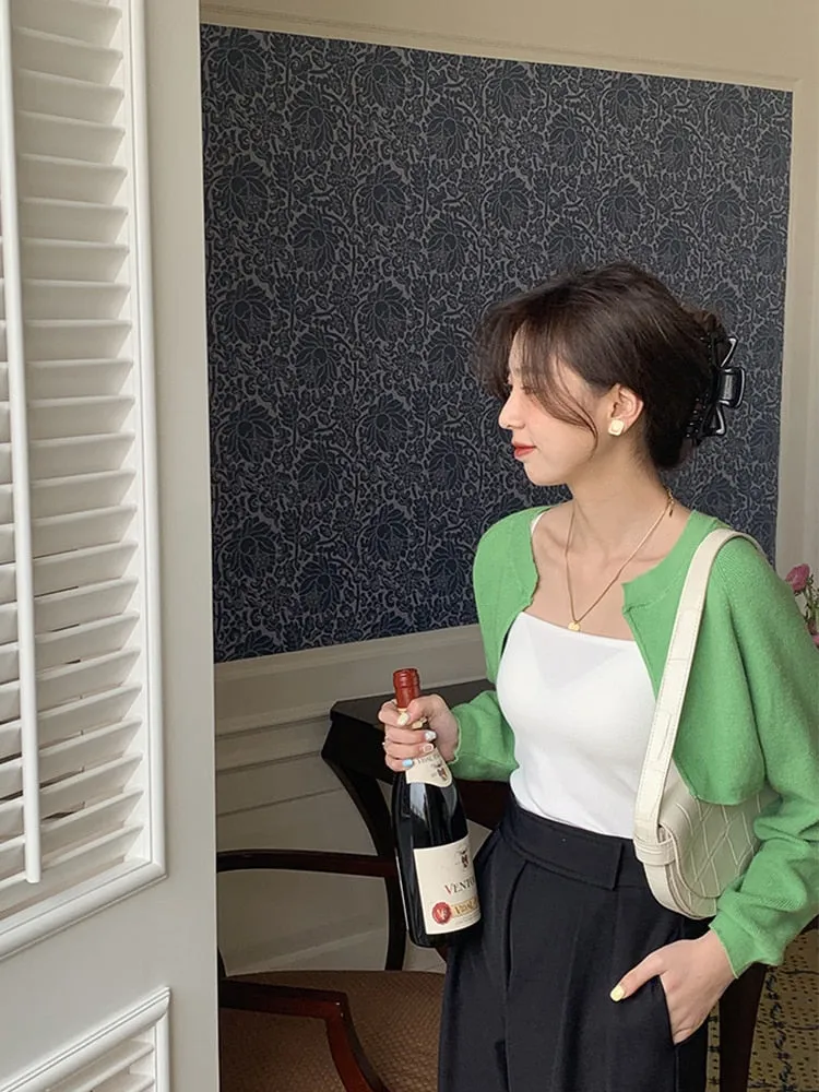 [Korean Style] 3 Color Round Neck Cropped Knit Cardigan