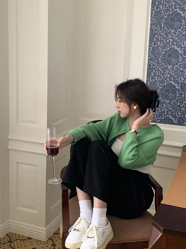 [Korean Style] 3 Color Round Neck Cropped Knit Cardigan