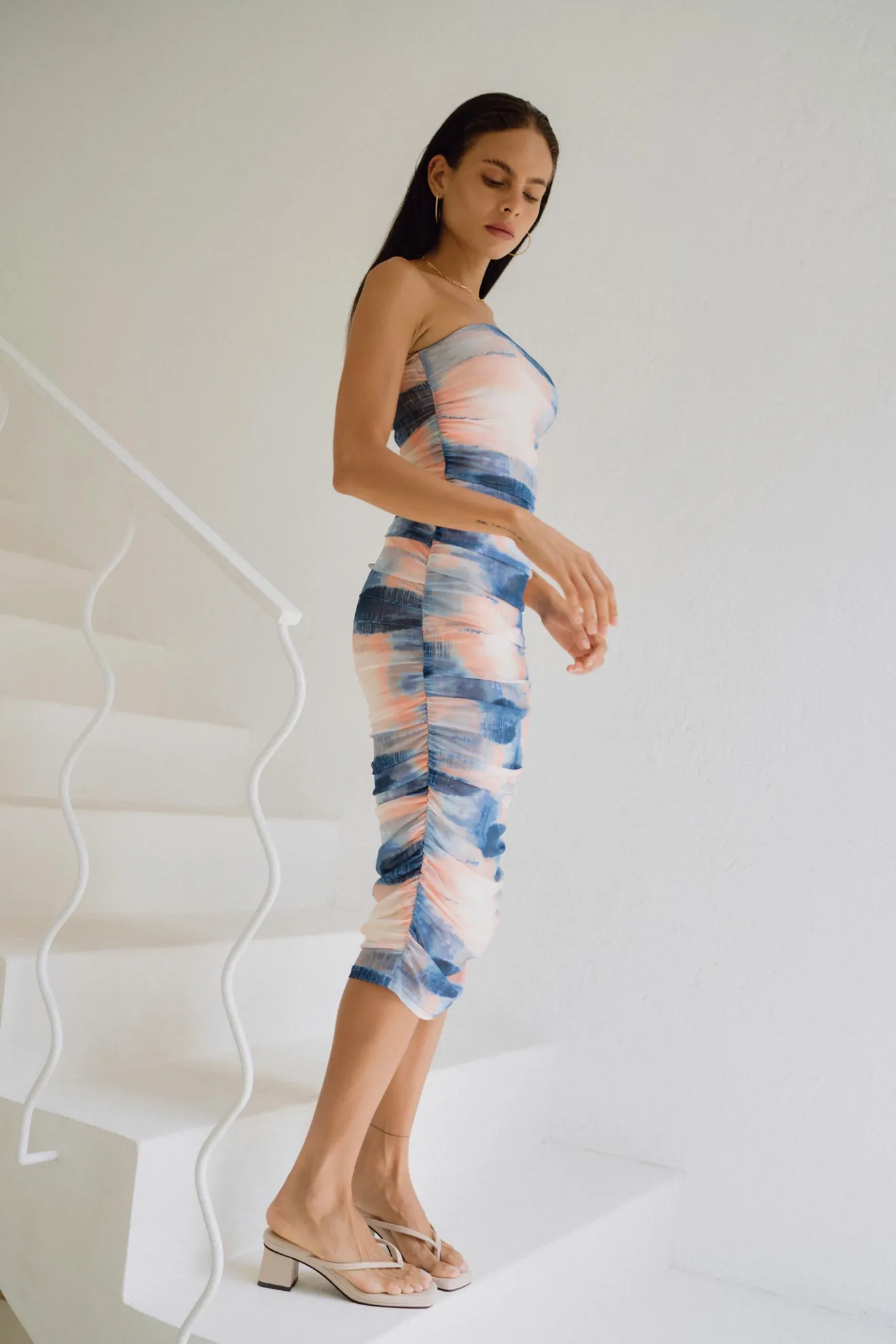 Kylie Blue Abstract Mesh Ruched Bodycon Midi Dress