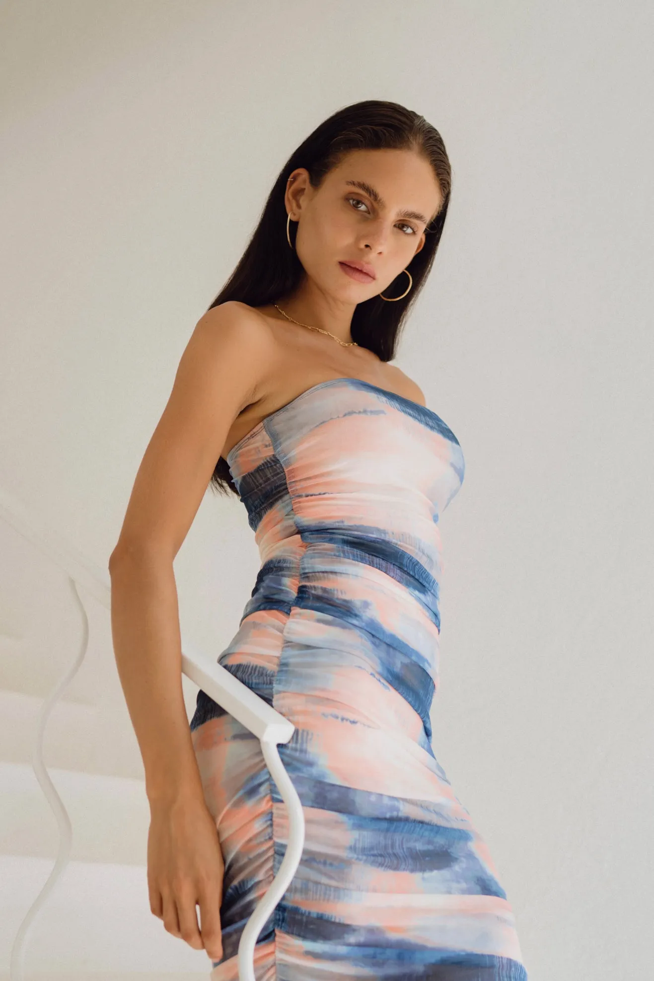 Kylie Blue Abstract Mesh Ruched Bodycon Midi Dress