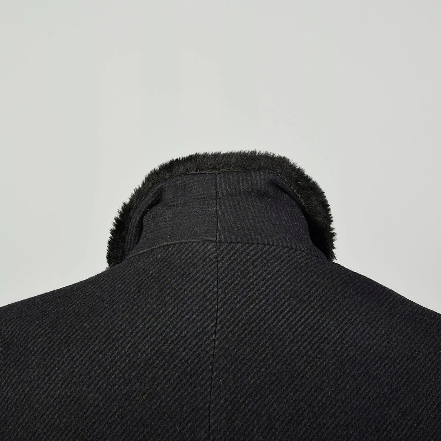 Large 1970s Coat Charcoal Black Faux Fur Double Breasted Winter
