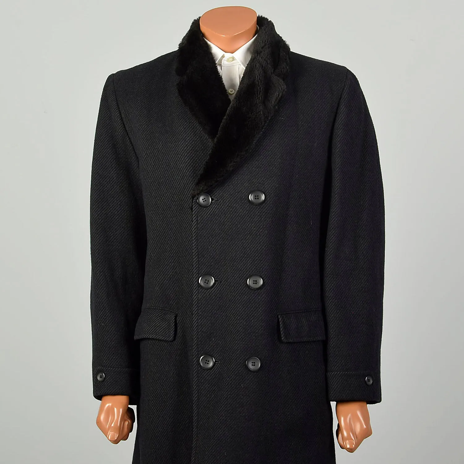 Large 1970s Coat Charcoal Black Faux Fur Double Breasted Winter