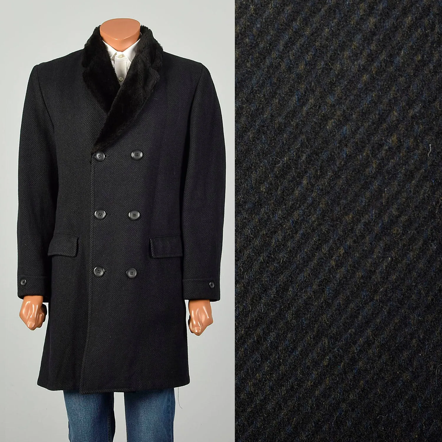 Large 1970s Coat Charcoal Black Faux Fur Double Breasted Winter