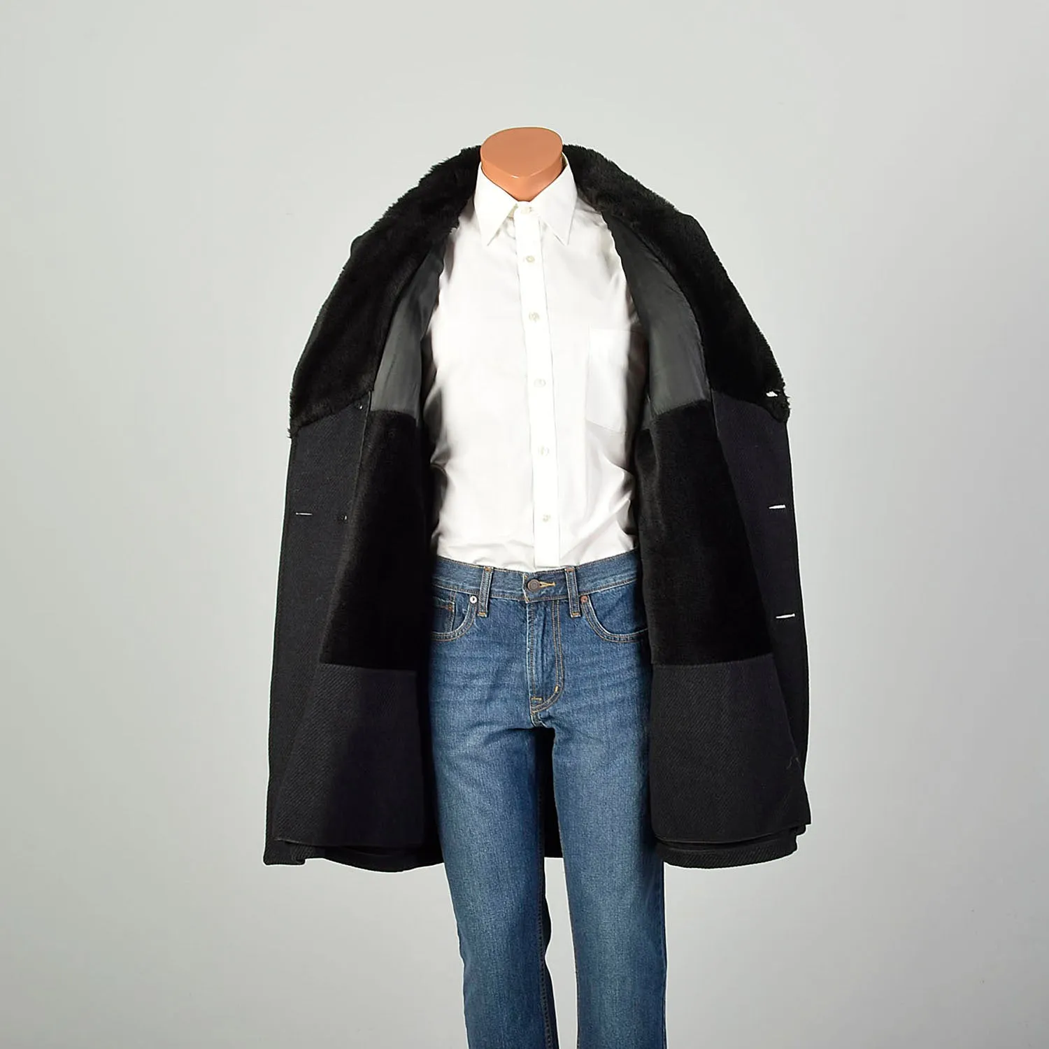 Large 1970s Coat Charcoal Black Faux Fur Double Breasted Winter