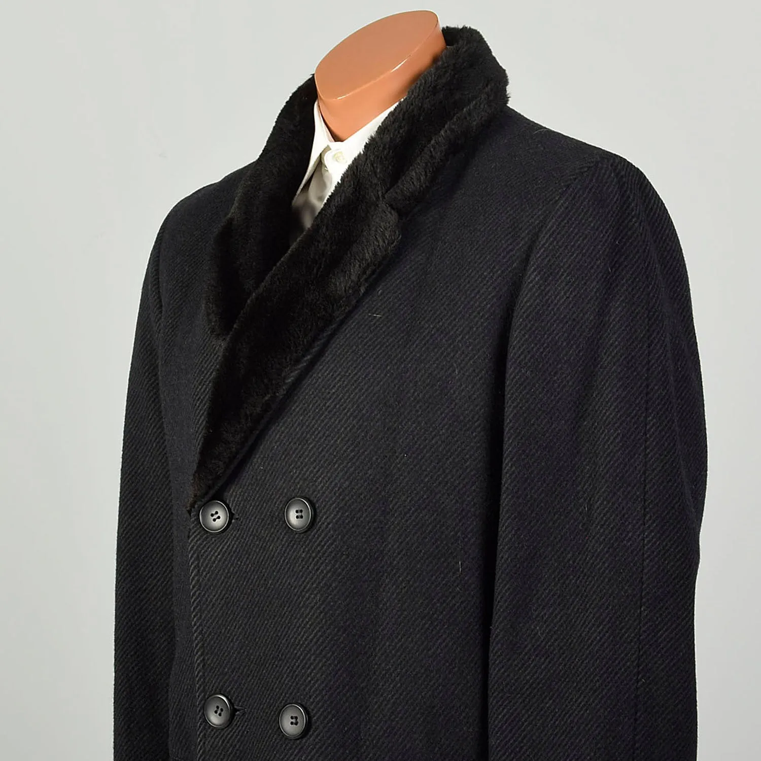 Large 1970s Coat Charcoal Black Faux Fur Double Breasted Winter