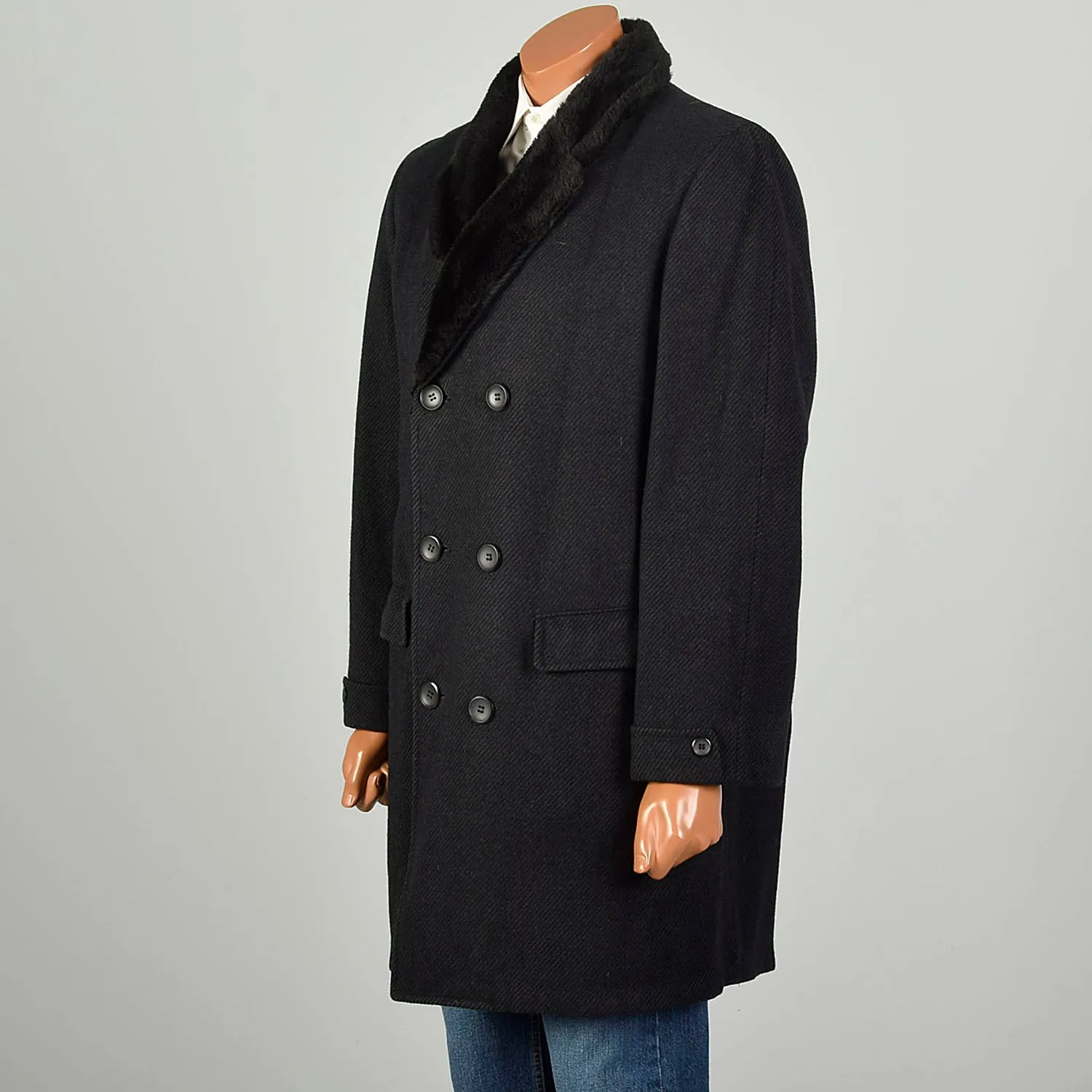 Large 1970s Coat Charcoal Black Faux Fur Double Breasted Winter