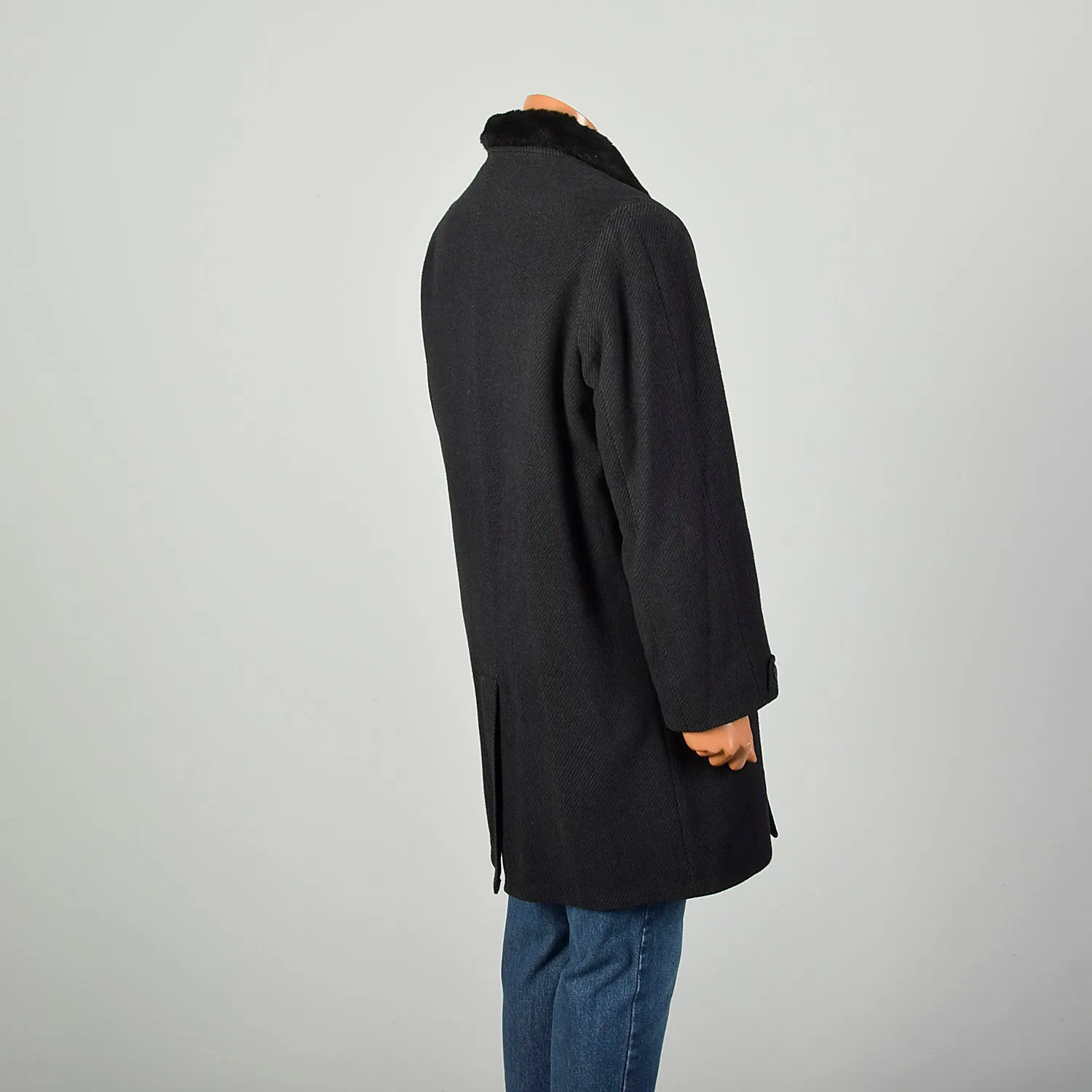 Large 1970s Coat Charcoal Black Faux Fur Double Breasted Winter