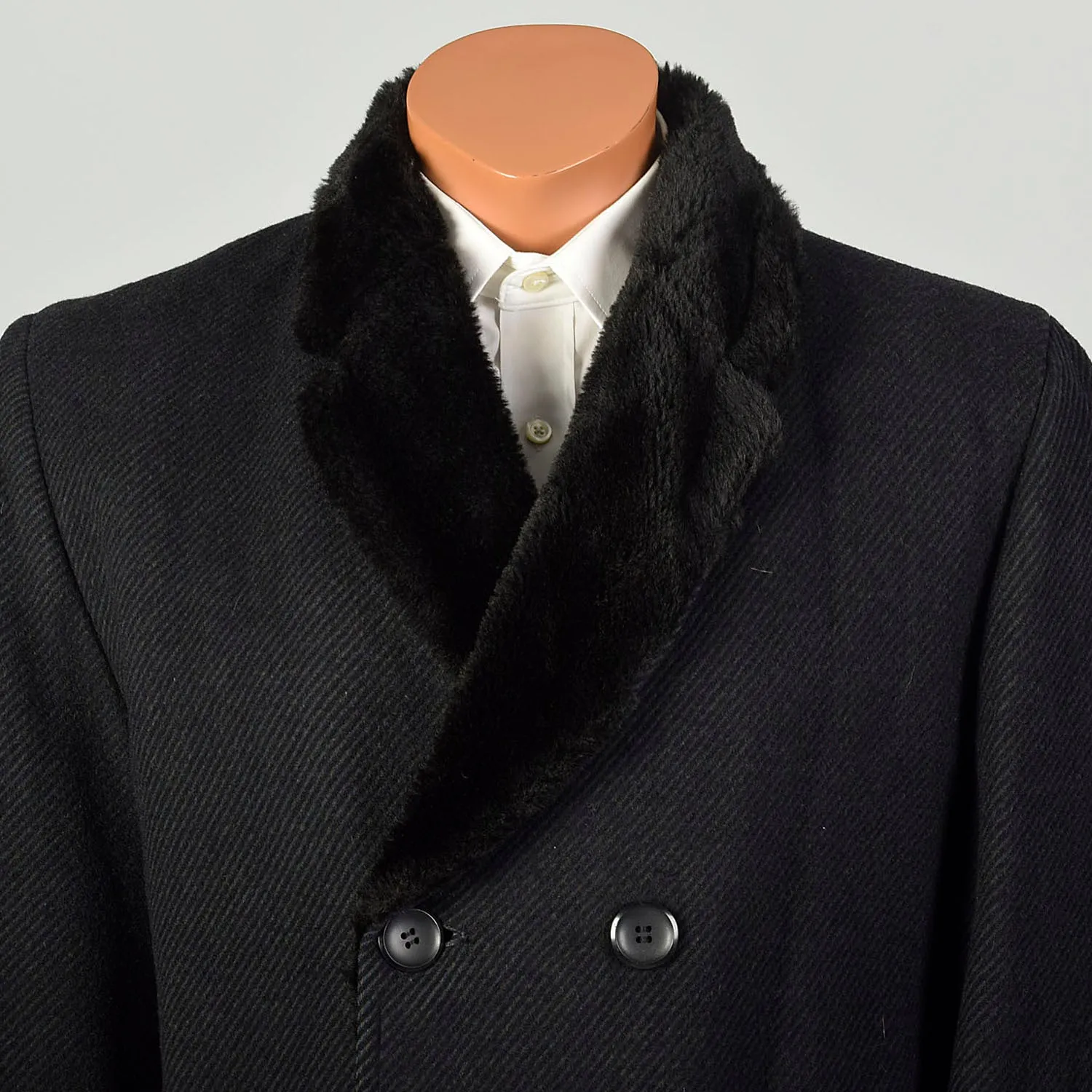 Large 1970s Coat Charcoal Black Faux Fur Double Breasted Winter