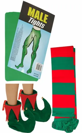 Male Tights Elf Shoe Covers Red Green Striped Scarf Christmas Xmas Fancy Dress