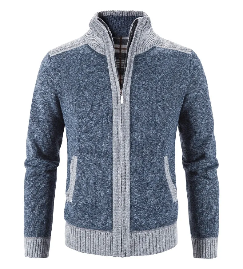 Men Sweater Patchwork Cardigan Knitted Sweater Jacket Slim Fit Collar Thick Warm Coat