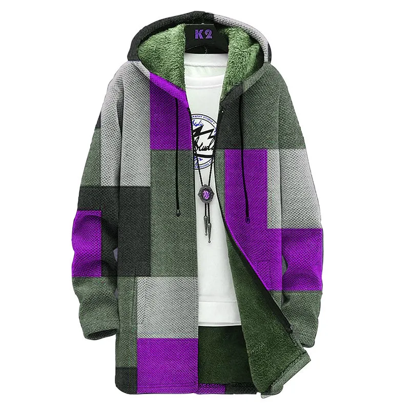 MEN'S PRINTED HOODED TWO-POCKET FLEECE CARDIGAN JACKET 94423326YM