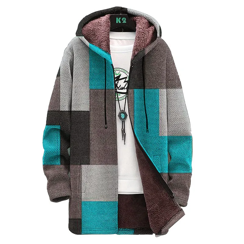 MEN'S PRINTED HOODED TWO-POCKET FLEECE CARDIGAN JACKET 94423326YM