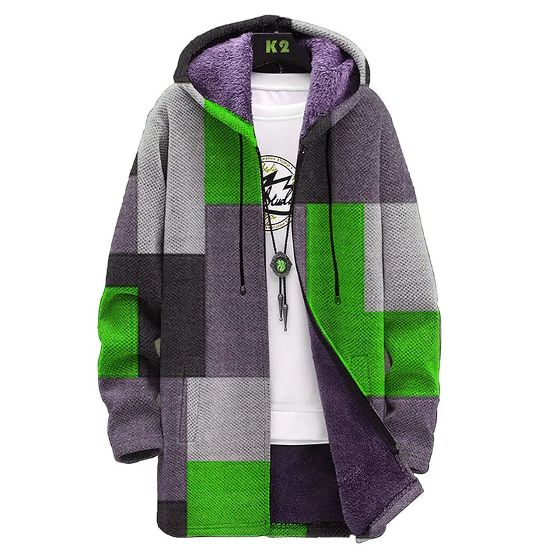 MEN'S PRINTED HOODED TWO-POCKET FLEECE CARDIGAN JACKET 94423326YM