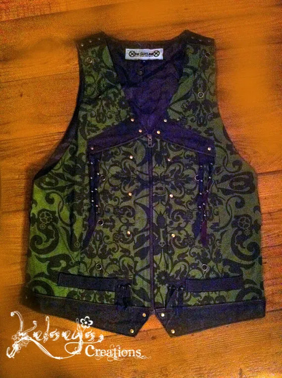 MENS VEST - XL, Xlarge, Brown Green Vest, Steampunk, Burning Man, Hipster, Festival wear, Gift for Boyfriend, Gift for Husband, Tassle Vest