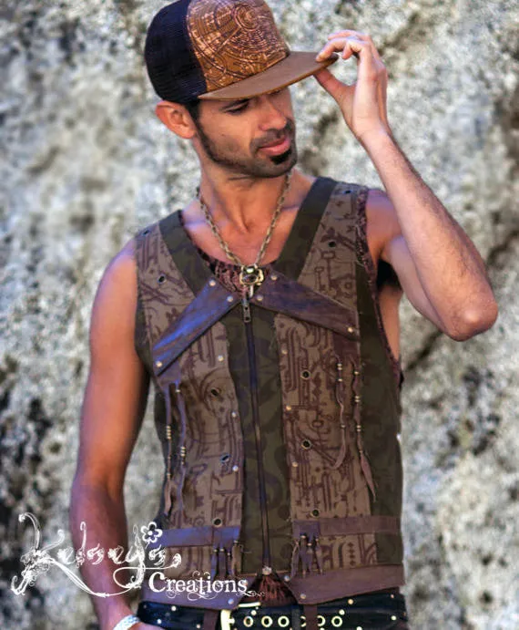MENS VEST - XL, Xlarge, Brown Green Vest, Steampunk, Burning Man, Hipster, Festival wear, Gift for Boyfriend, Gift for Husband, Tassle Vest