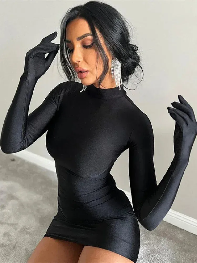 Metaversmall Gloves Long Sleeve Short Dresses Sexy Night Club Bodycon Dress Autumn Outfits for Women Clothing 2023 C70-BH23