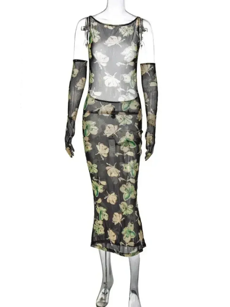 Metaversmall Sexy Backless Bodycon Long Dresses with Gloves Floral Print Mesh See Through Vintage French Dress Women C15-CZ16