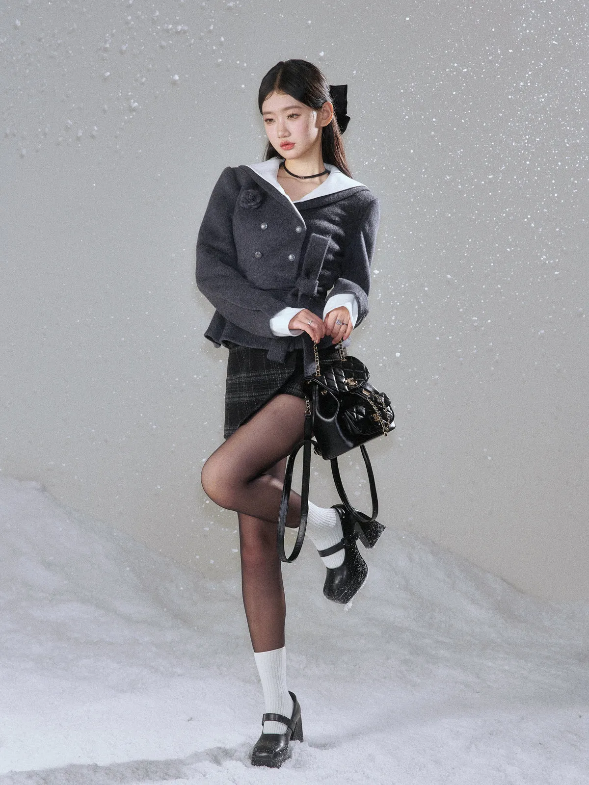 Monet Winter Chic Gray Rose Wool Jacket Fur Collar & Black Plaid Skirt Two Piece Set