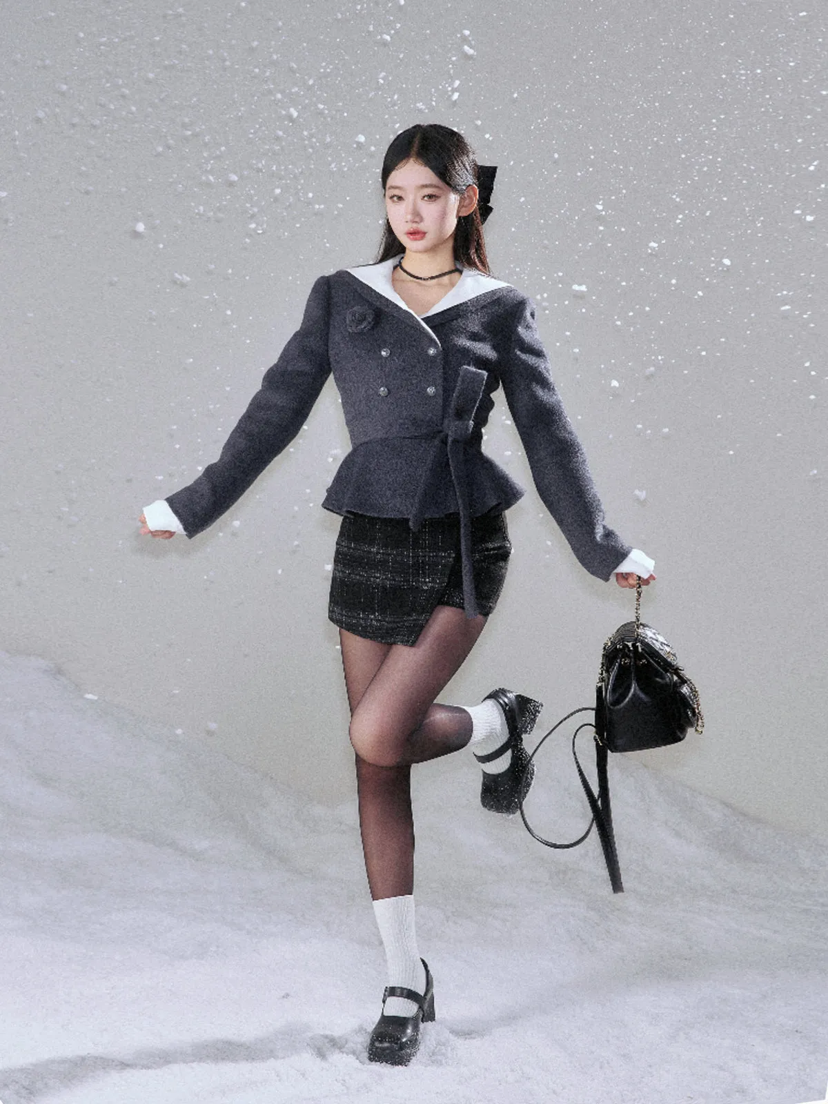 Monet Winter Chic Gray Rose Wool Jacket Fur Collar & Black Plaid Skirt Two Piece Set