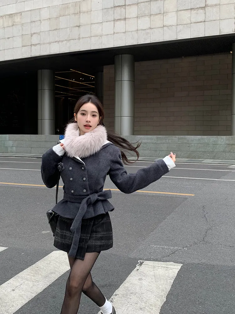 Monet Winter Chic Gray Rose Wool Jacket Fur Collar & Black Plaid Skirt Two Piece Set