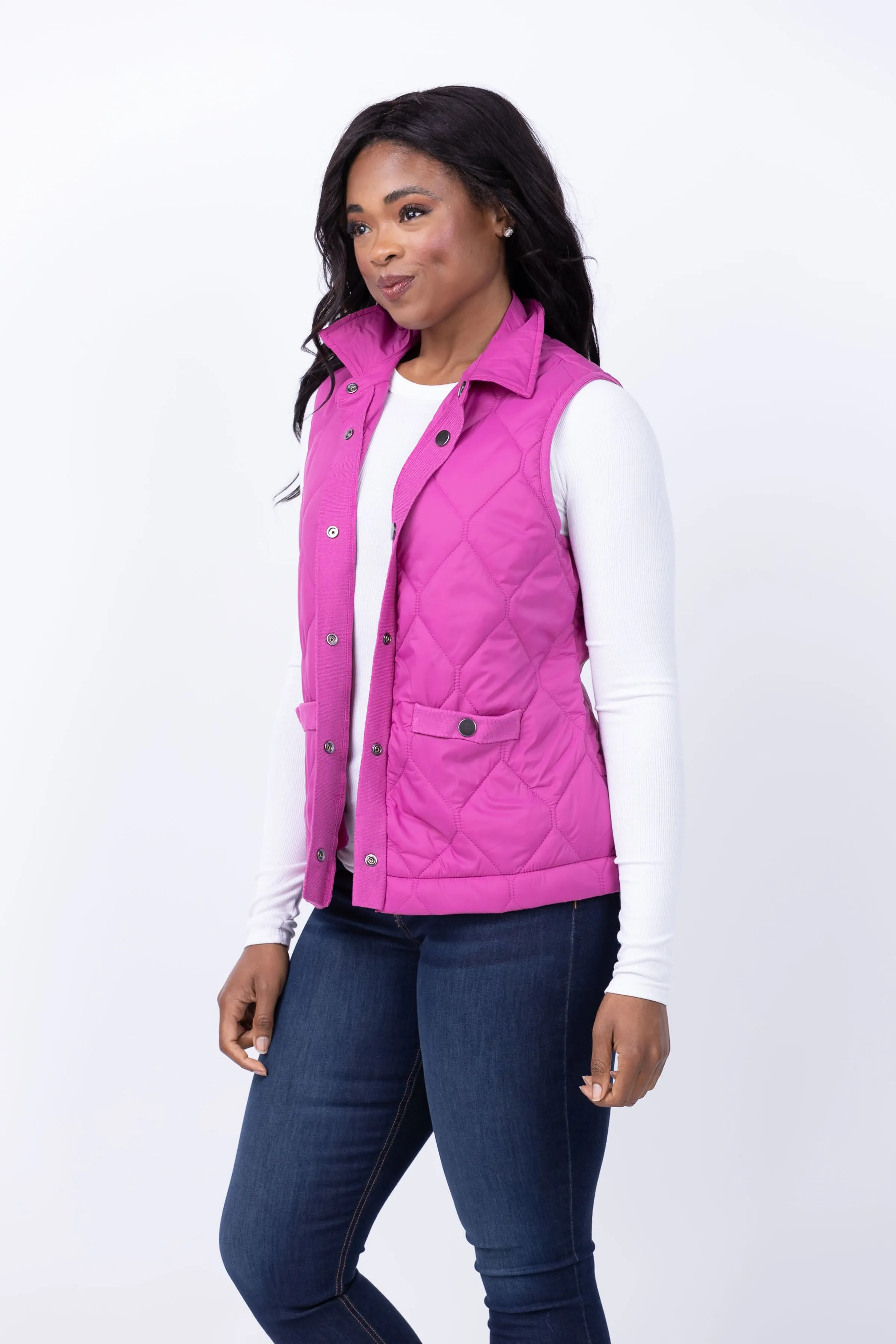Nic   Zoe Knit Trim Puffer Vest in Orchid Petal