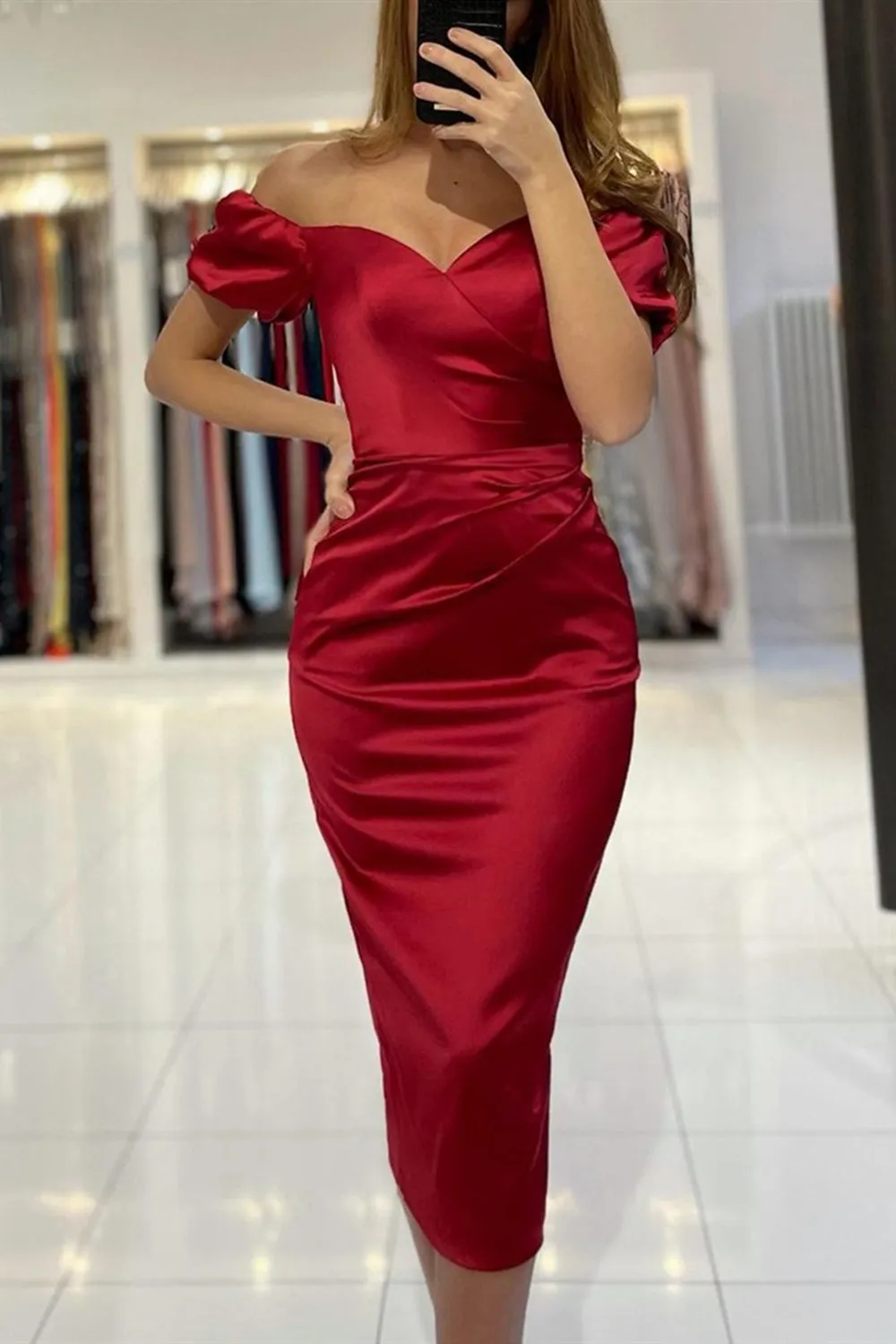 Off the Shoulder Tea Length Burgundy Prom, Wine Red Tea Length Satin Formal Evening Homecoming