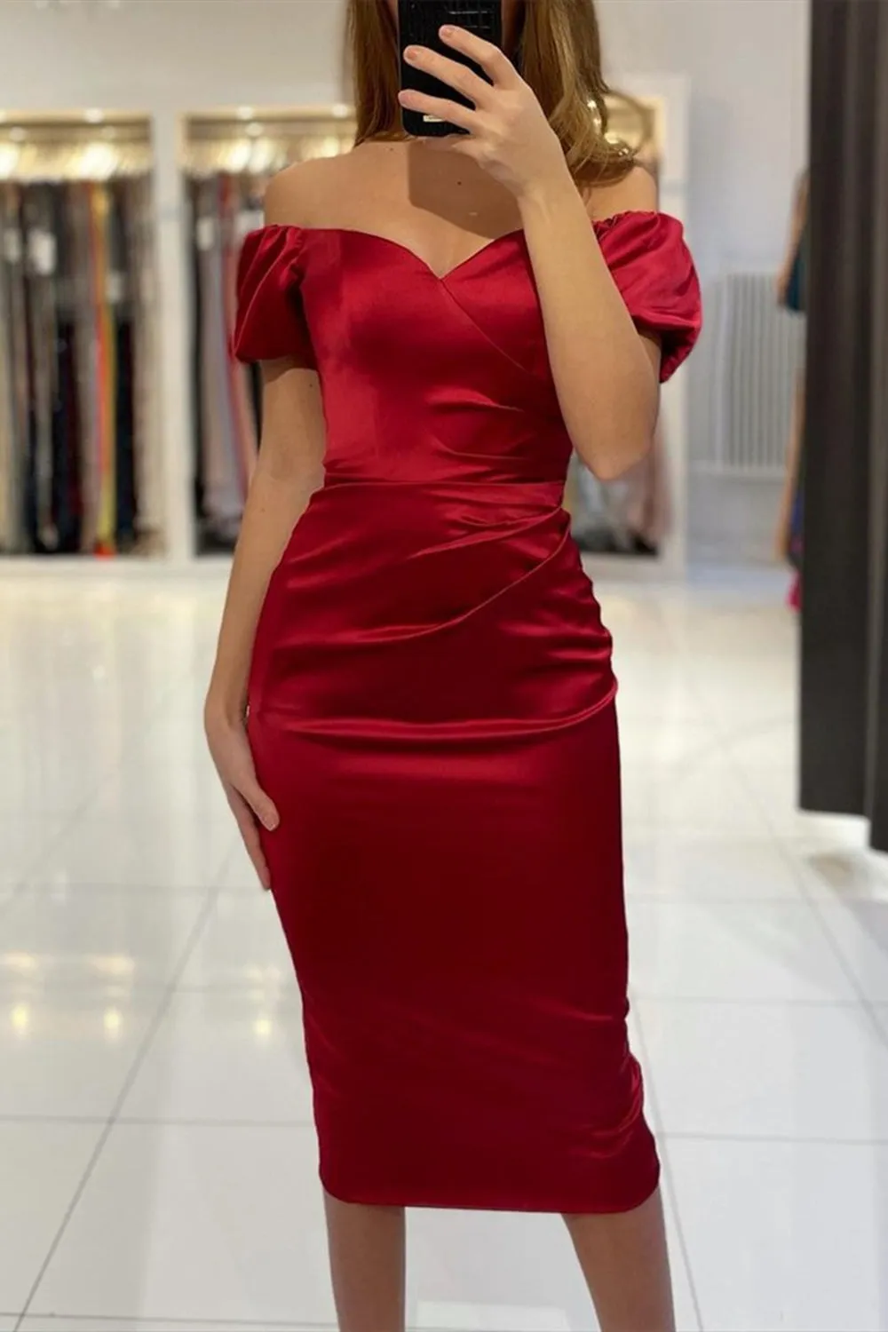 Off the Shoulder Tea Length Burgundy Prom, Wine Red Tea Length Satin Formal Evening Homecoming