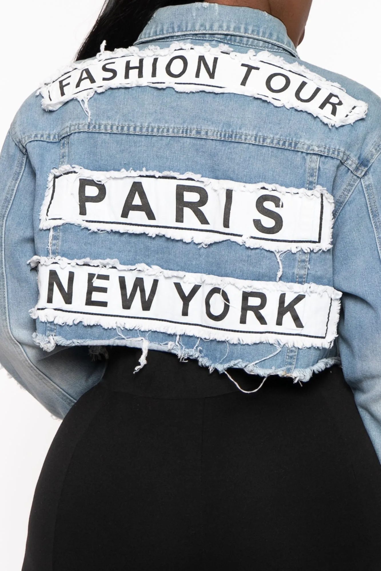 Plus Size Fashion Tour Patch Cropped  Jacket - Medium Wash
