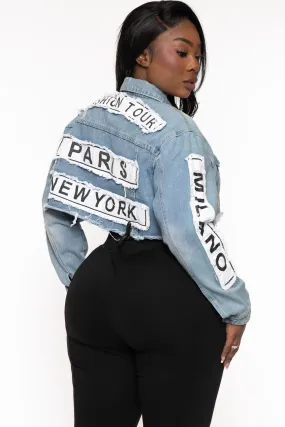 Plus Size Fashion Tour Patch Cropped  Jacket - Medium Wash