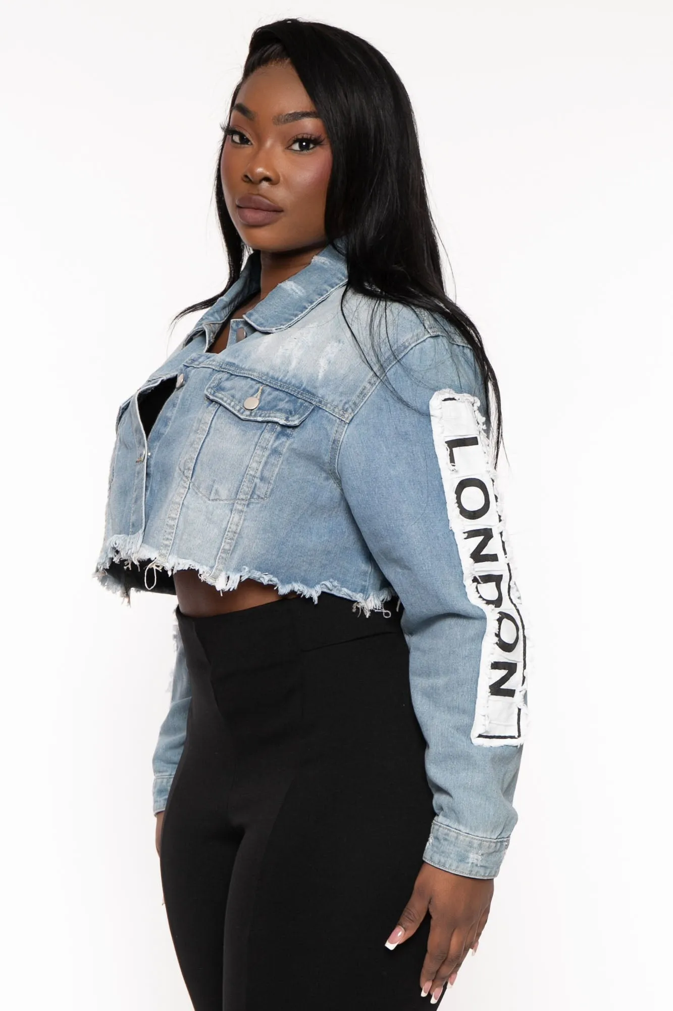 Plus Size Fashion Tour Patch Cropped  Jacket - Medium Wash