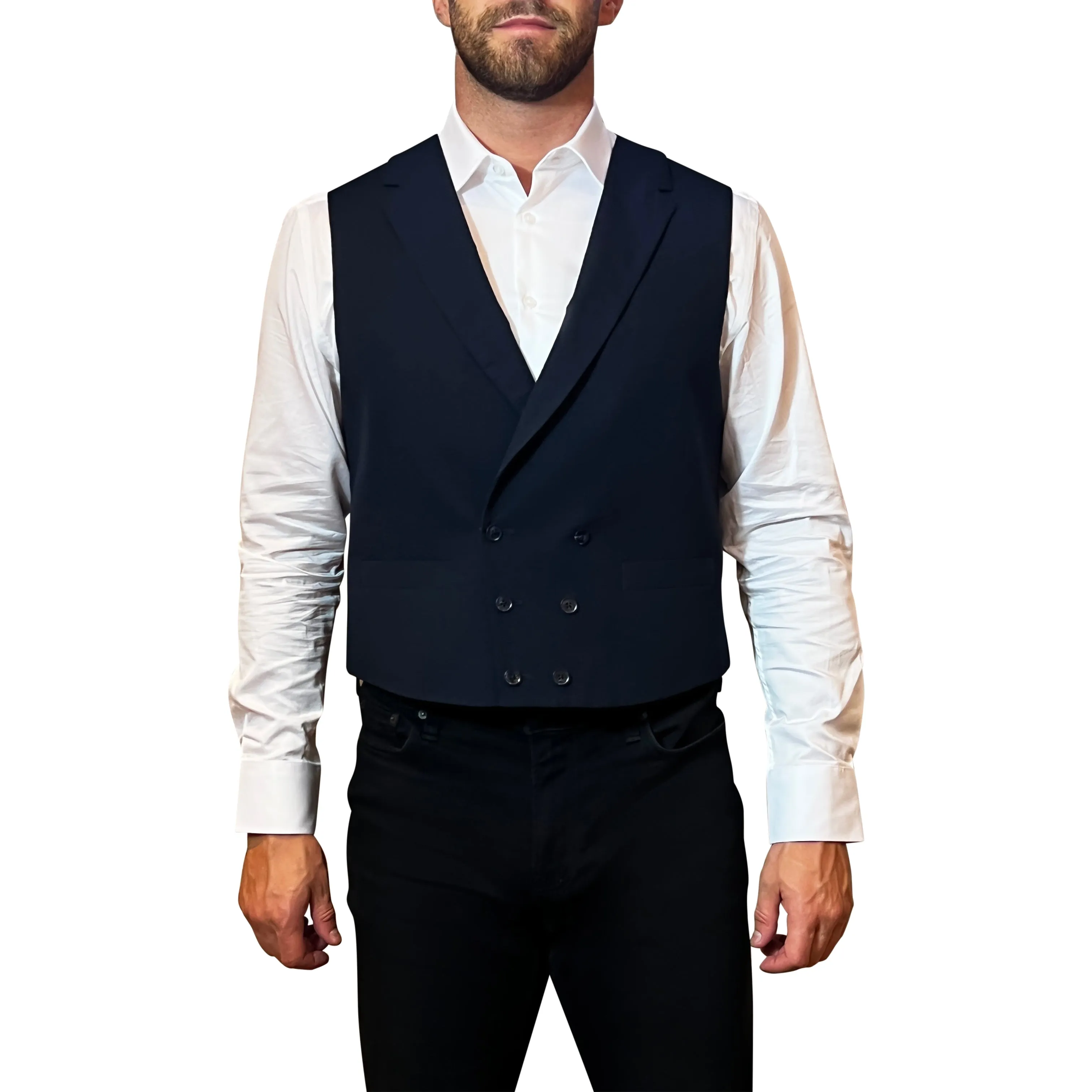 Seersucker Double Breasted Cotton Vest - Navy