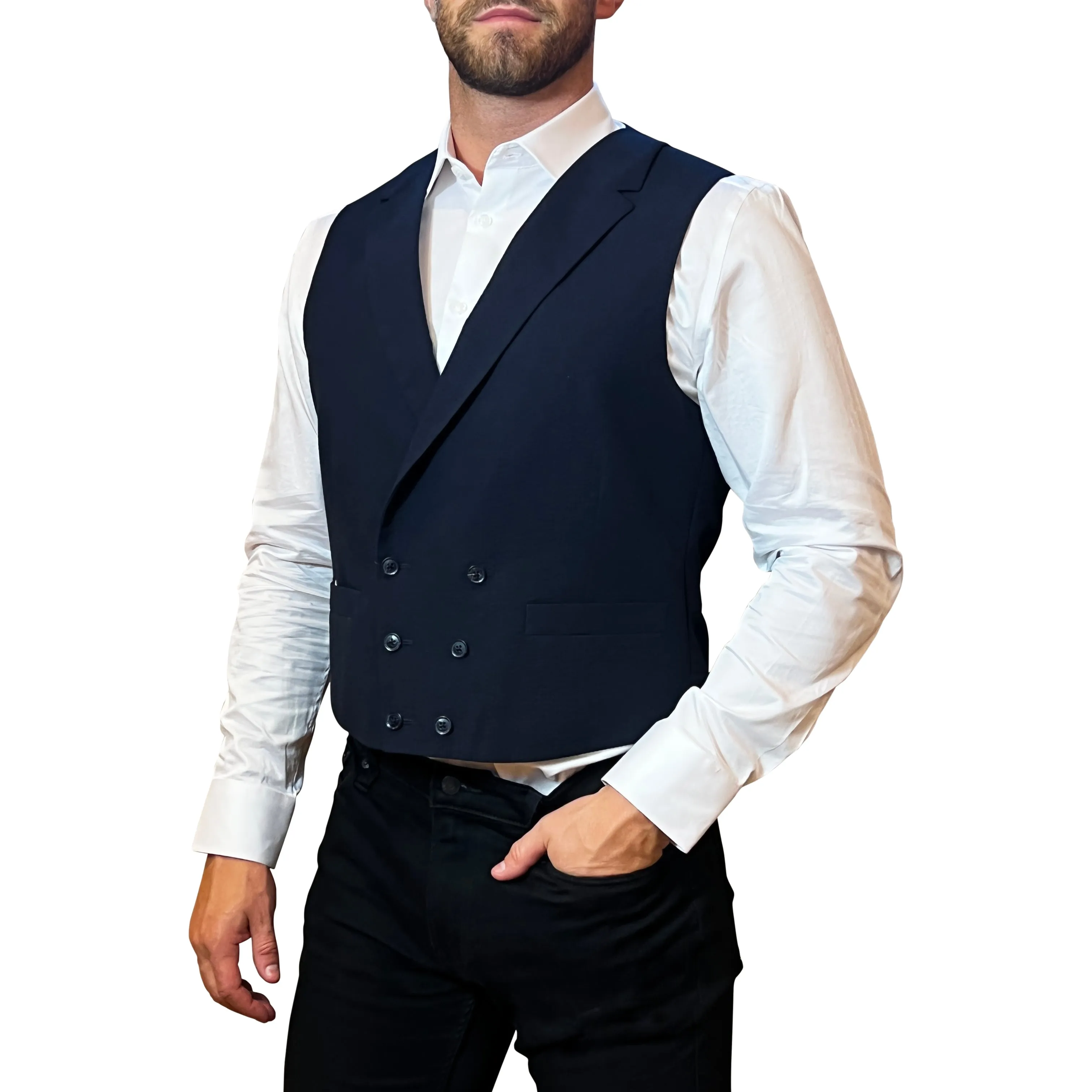 Seersucker Double Breasted Cotton Vest - Navy