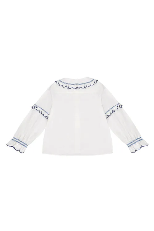 seventy   mochi Phoebe Blouse in Ecru & Electric Blue Embroidery