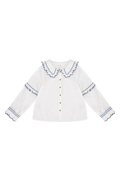 seventy   mochi Phoebe Blouse in Ecru & Electric Blue Embroidery