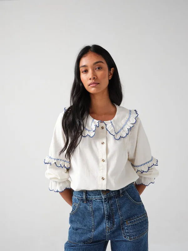 seventy   mochi Phoebe Blouse in Ecru & Electric Blue Embroidery