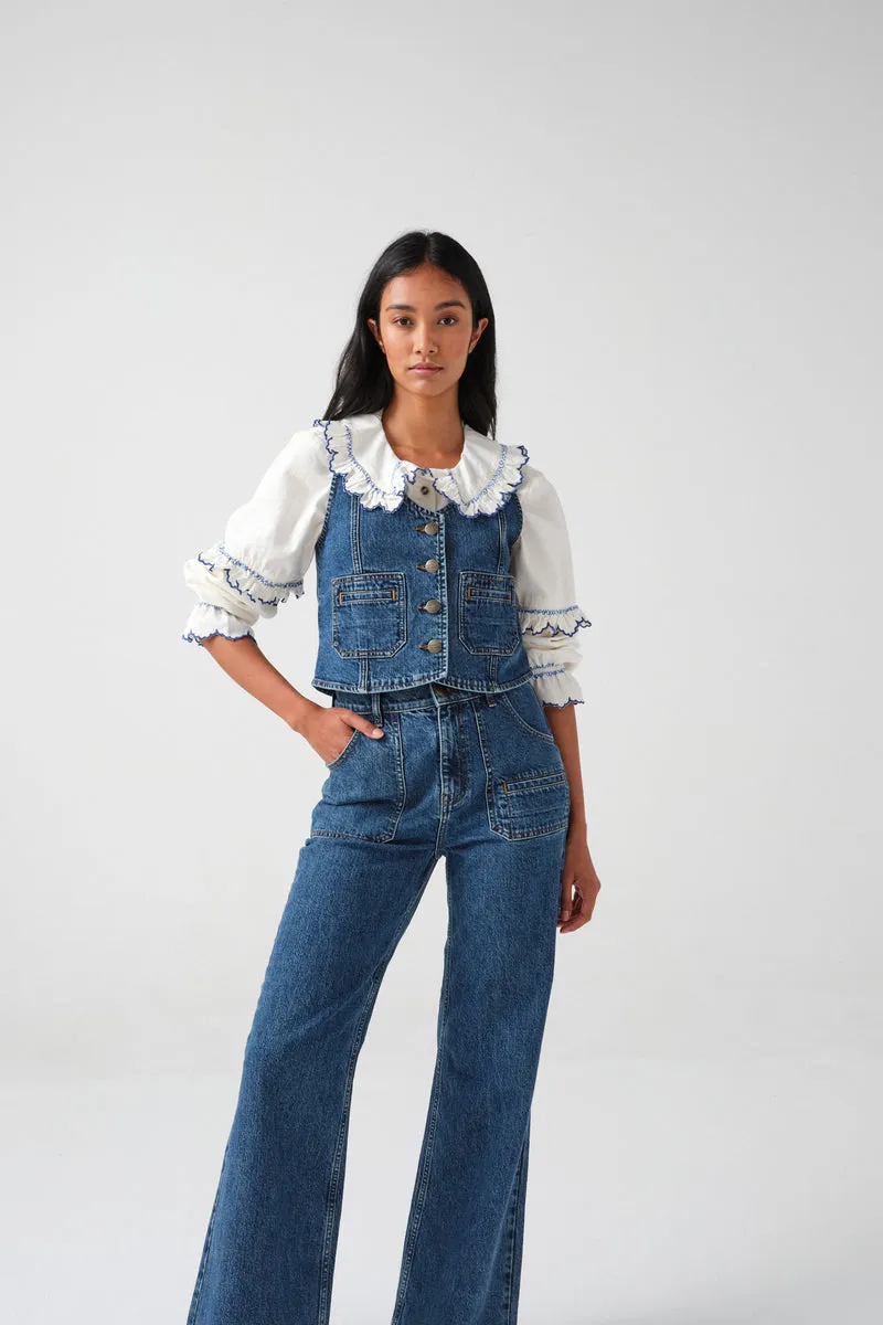 seventy   mochi Phoebe Blouse in Ecru & Electric Blue Embroidery