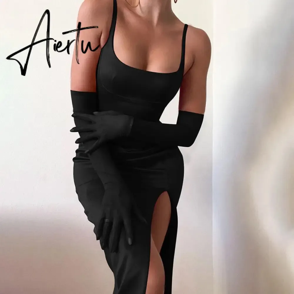 Solid With Integrated Corset And Gloves Satin Slip Sexy Maxi Dress Fall Slim Party Club Elegant Streetwear Outfit