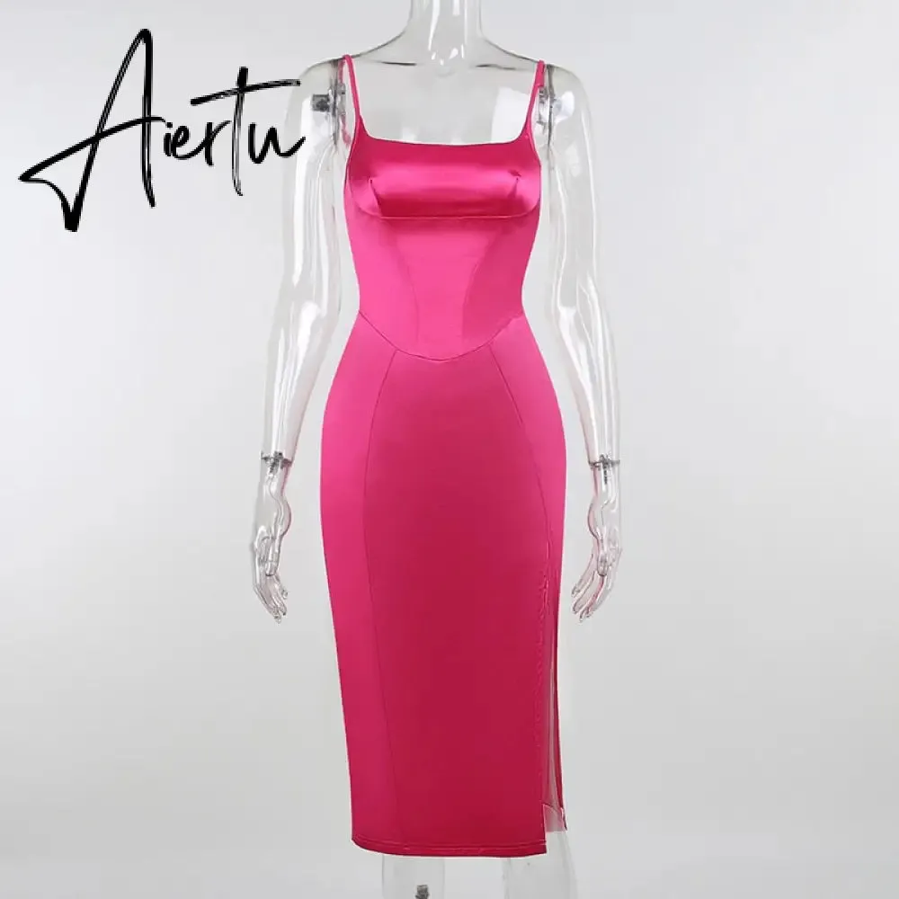 Solid With Integrated Corset And Gloves Satin Slip Sexy Maxi Dress Fall Slim Party Club Elegant Streetwear Outfit