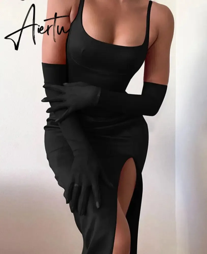 Solid With Integrated Corset And Gloves Satin Slip Sexy Maxi Dress Fall Slim Party Club Elegant Streetwear Outfit