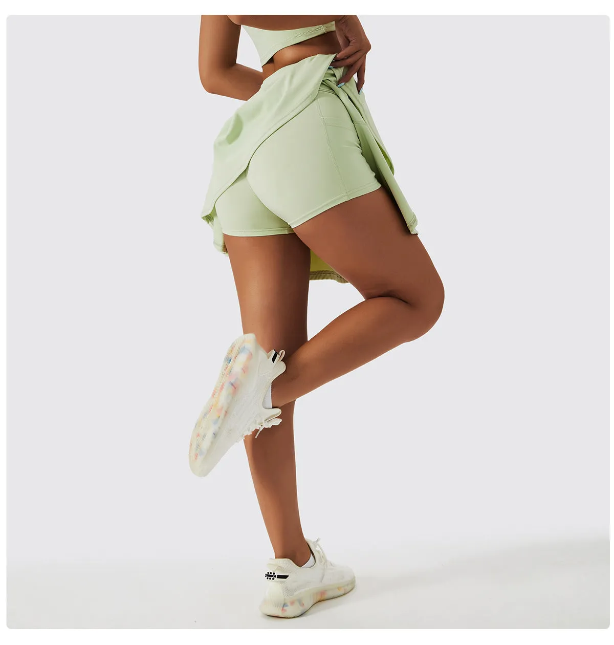 Spring Nude Feel Tennis Skirt Fitness Badminton Faux Two Piece Sports Culottes Pocket Running Casual Mini Skirt