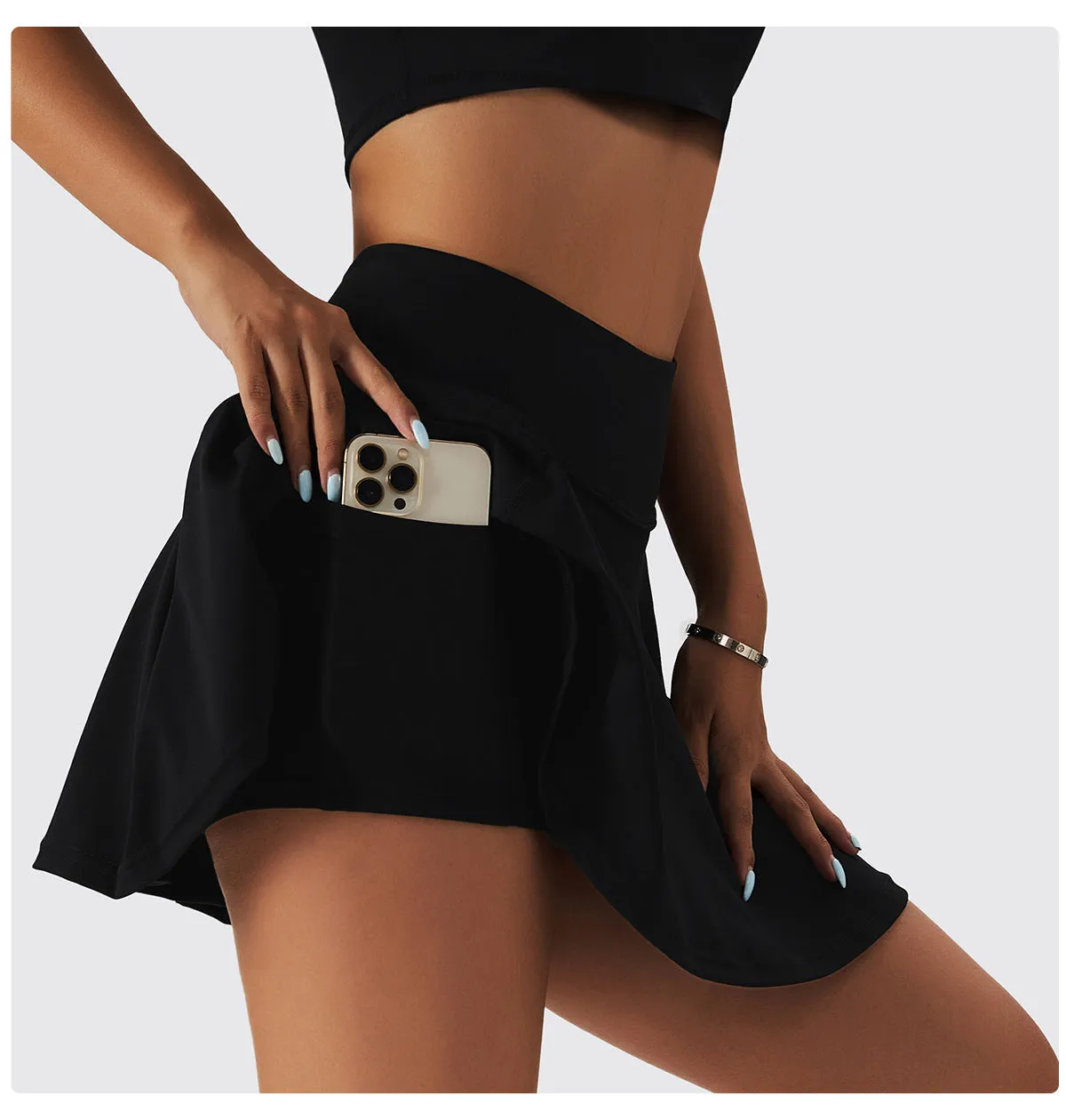 Spring Nude Feel Tennis Skirt Fitness Badminton Faux Two Piece Sports Culottes Pocket Running Casual Mini Skirt