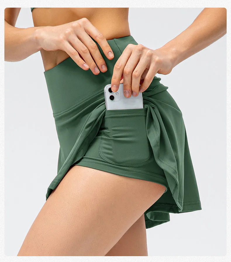 Spring Summer Women Tennis Skirt Faux Two Pieces Sports Culottes Nude Feel Running Dance Training Fitness Skirt