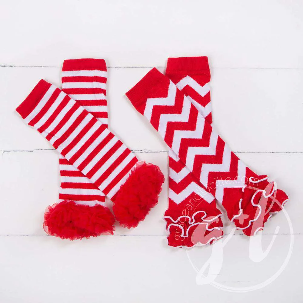 Striped Red & White Ruffled Hem Leg Warmers