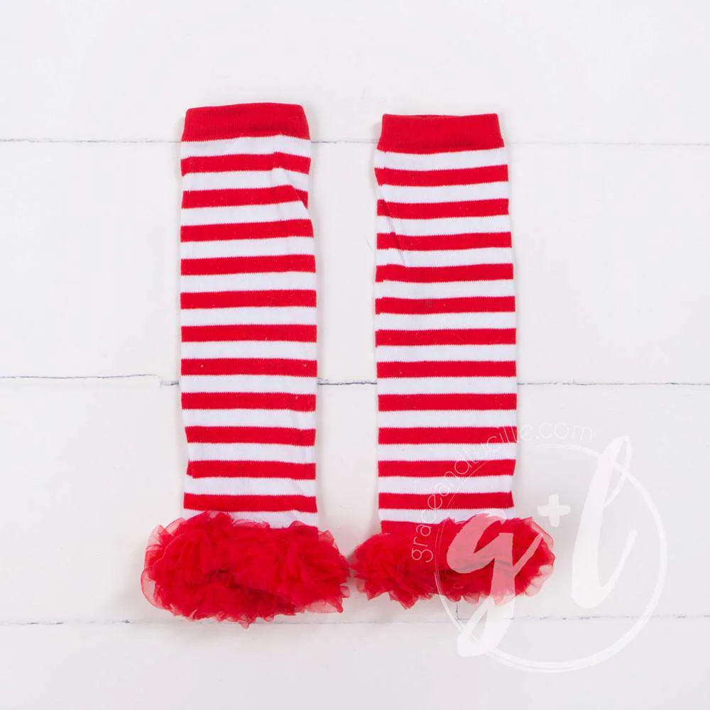 Striped Red & White Ruffled Hem Leg Warmers