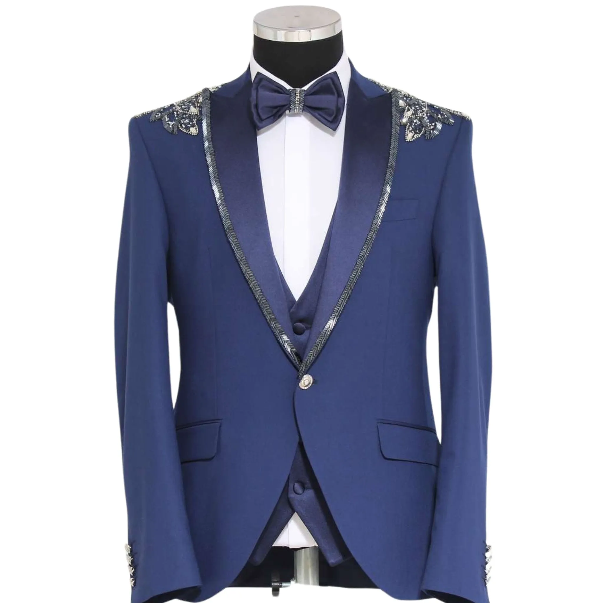 Stunning Sparkle Silver and Blue Design Three-Piece Tuxedo - A Mesmerizing Choice for 2024 Prom and Wedding Seasons