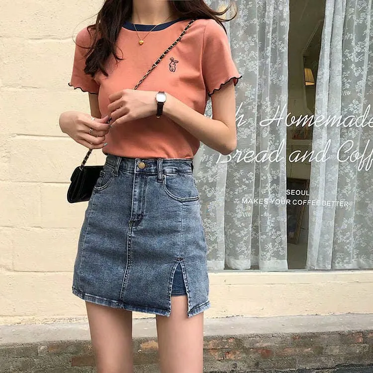 Summer Fitted High Waist A-Line Slim Look Splitted Skirt Hip Flattering Denim Short Culottes Women Skirt